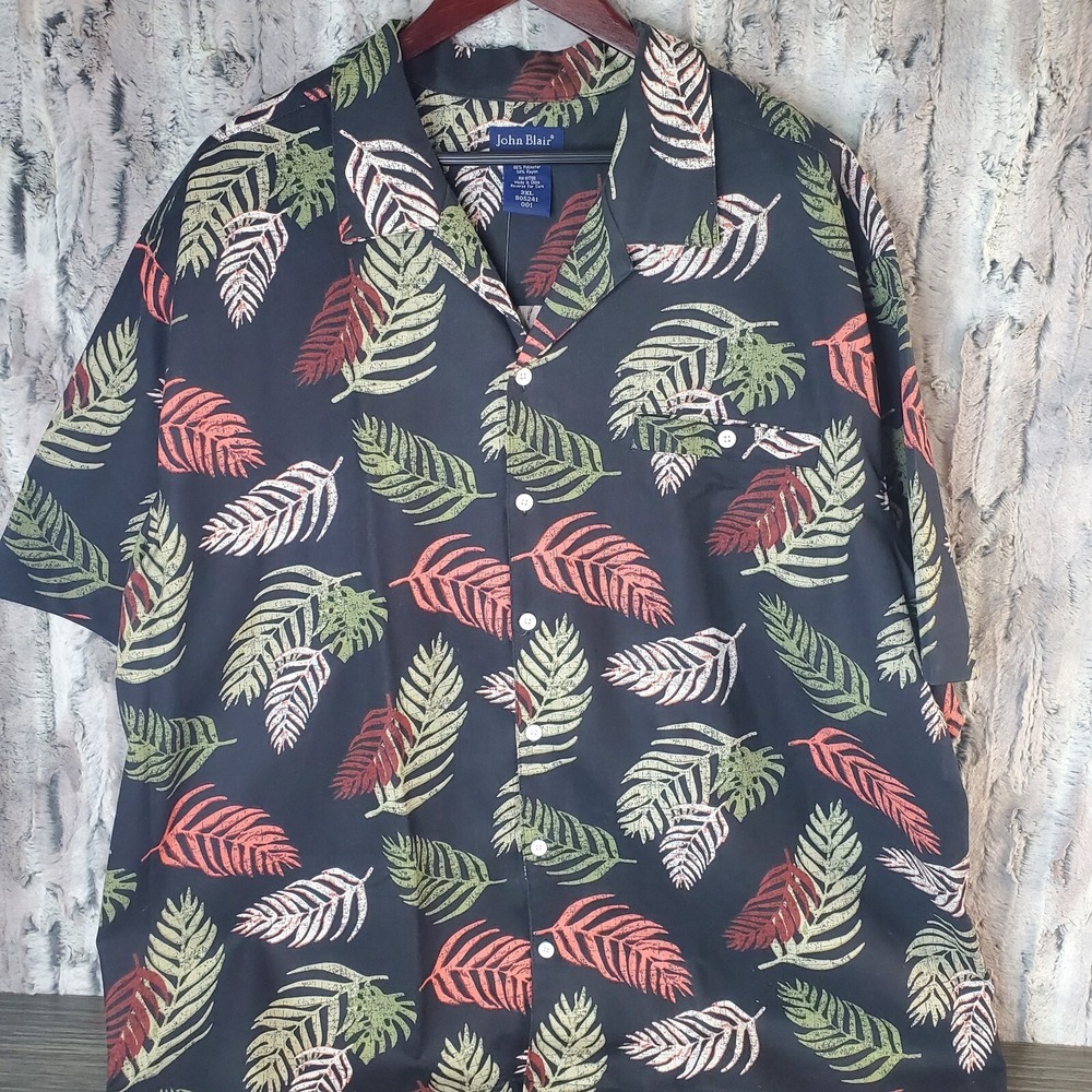 John Blair Men's Casual Button Down Shirt Hawaiian Palm Leaves Black Size 3XL